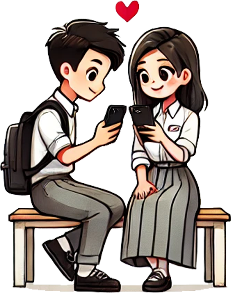 Ilustrasi karakter anak sekolah ceria dengan seragam biru dan latar belakang cerah, menggambarkan semangat dan kebahagiaan