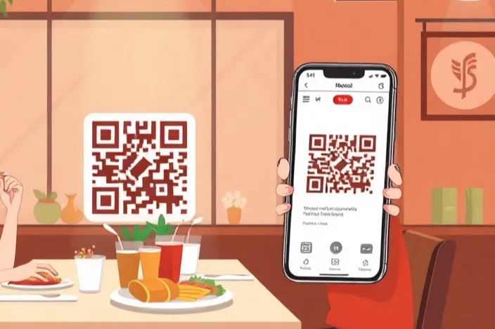 Ilustrasi restoran modern dengan pelanggan memindai QR code di meja, latar belakang menampilkan menu digital di layar smartphone dengan desain menarik dan mudah dibaca