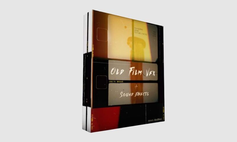 Vintage film VFX and sound effects preview showing a retro style 800x480 video frame with cinematic colors and textures